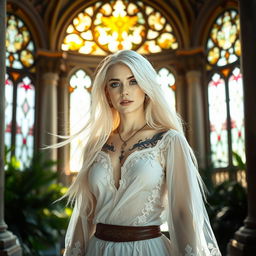 A stunning white woman with flowing blonde hair, dressed as a priestess, wearing transparent white clothing with intricate designs