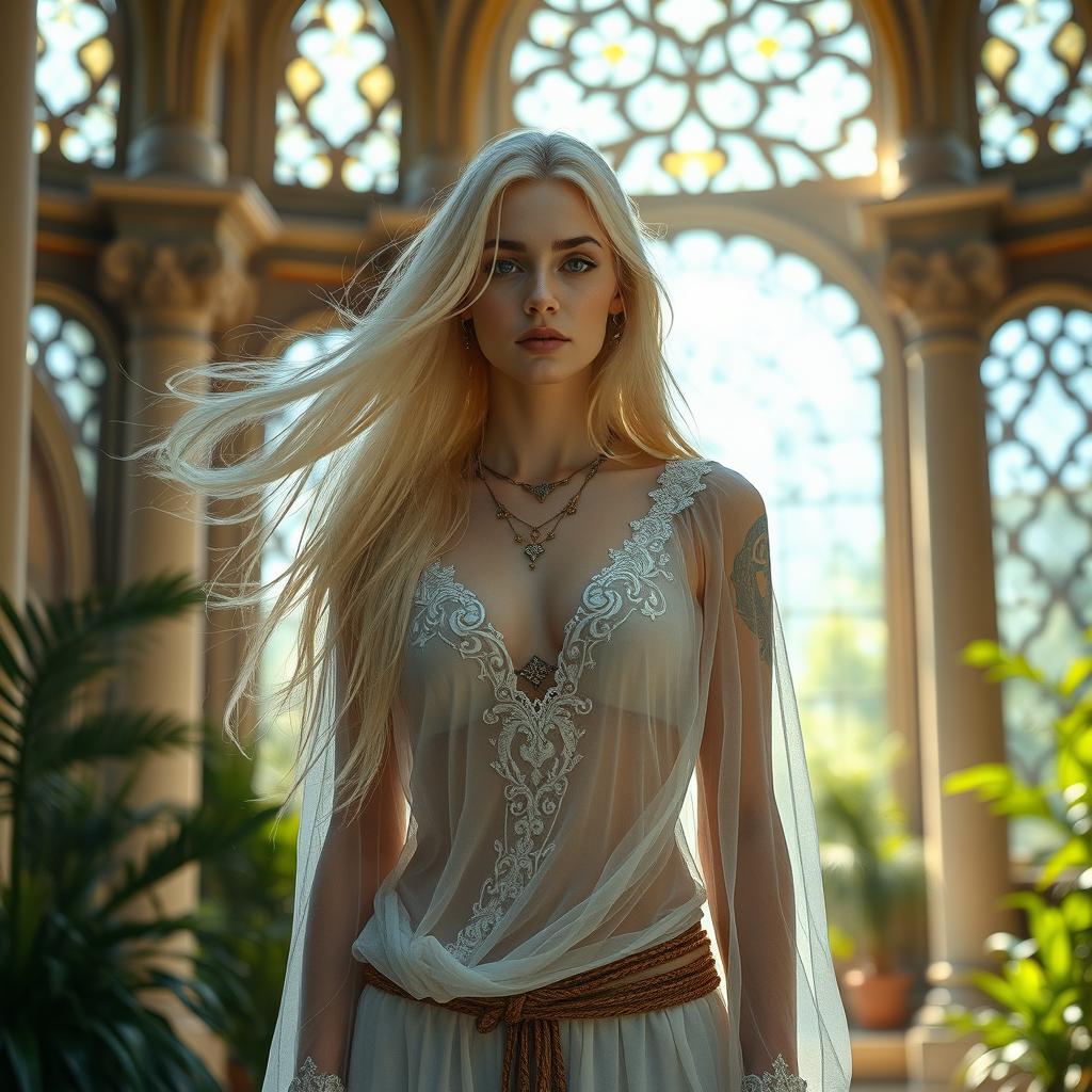 A stunning white woman with flowing blonde hair, dressed as a priestess, wearing transparent white clothing with intricate designs