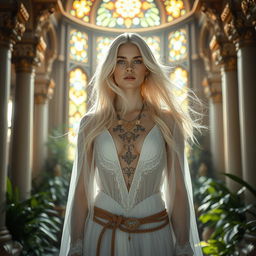 A stunning white woman with flowing blonde hair, dressed as a priestess, wearing transparent white clothing with intricate designs