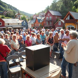 A cheerful scene depicting townspeople setting up chairs in an outdoor area for a community gathering