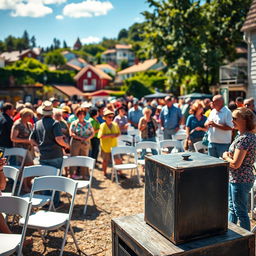 A cheerful scene depicting townspeople setting up chairs in an outdoor area for a community gathering