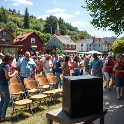 A cheerful scene depicting townspeople setting up chairs in an outdoor area for a community gathering