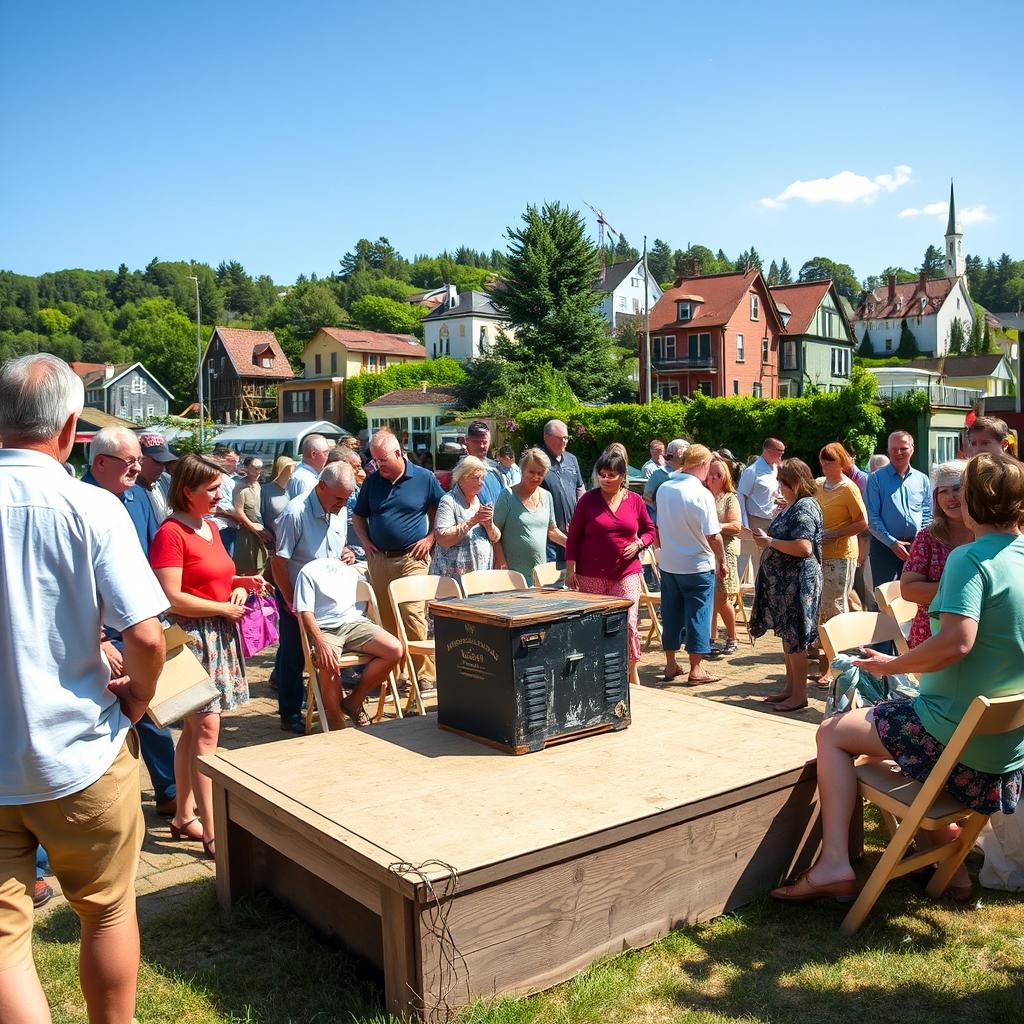 A cheerful scene depicting townspeople setting up chairs in an outdoor area for a community gathering