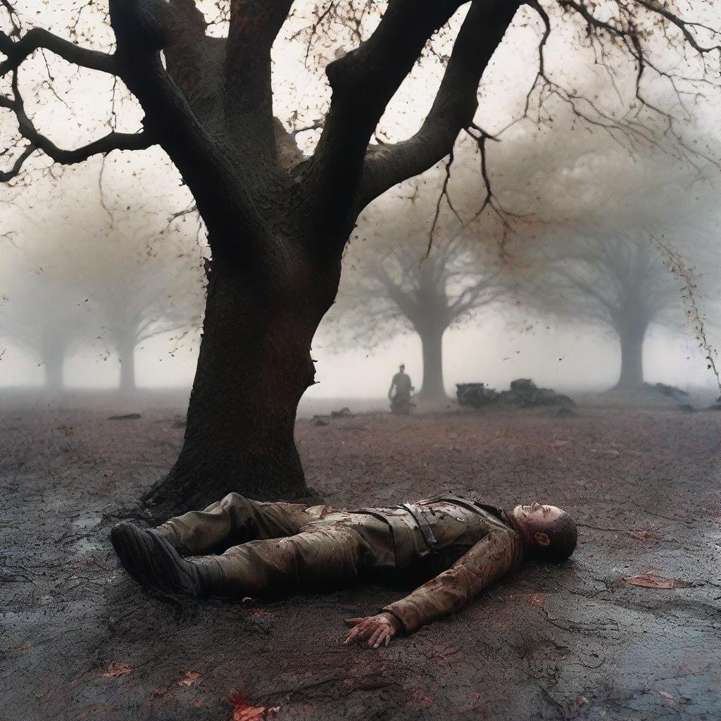 A high-quality photograph capturing a real soldier lying under a tree, appearing to be in his final moments