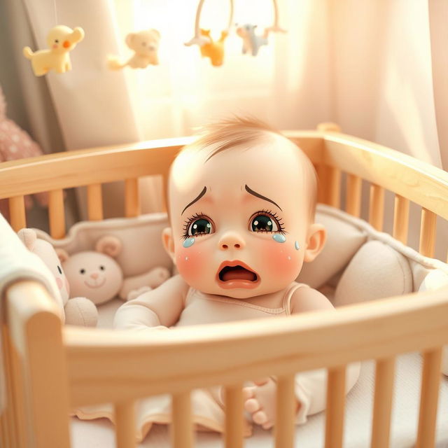 A heartwarming scene of a cute baby crying in a crib, with soft pastel colors throughout the image