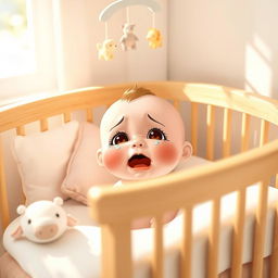 A heartwarming scene of a cute baby crying in a crib, with soft pastel colors throughout the image