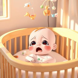 A heartwarming scene of a cute baby crying in a crib, with soft pastel colors throughout the image