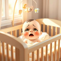 A heartwarming scene of a cute baby crying in a crib, with soft pastel colors throughout the image