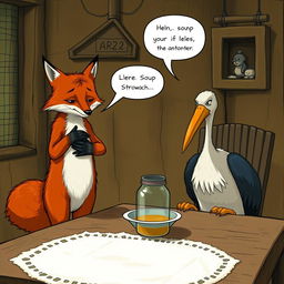 A scene depicting a fox looking ashamed and uncomfortable as he stands up from a rustic wooden table in the cozy home of a stork
