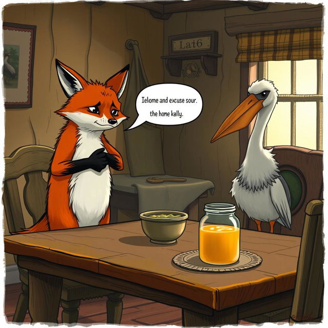A scene depicting a fox looking ashamed and uncomfortable as he stands up from a rustic wooden table in the cozy home of a stork