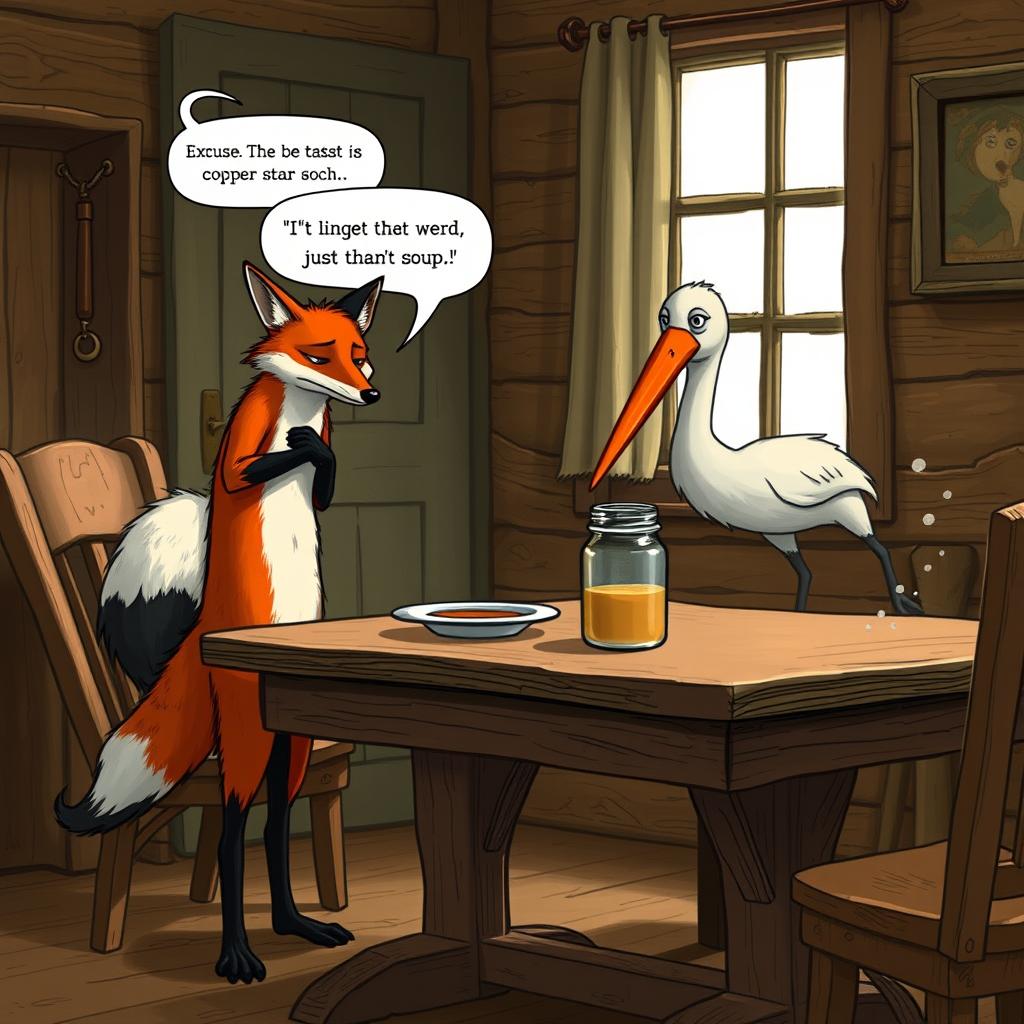 A scene depicting a fox looking ashamed and uncomfortable as he stands up from a rustic wooden table in the cozy home of a stork