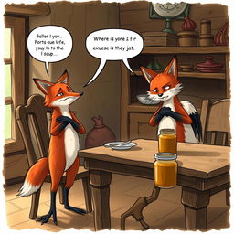 A scene depicting a fox looking ashamed and uncomfortable as he stands up from a rustic wooden table in the cozy home of a stork
