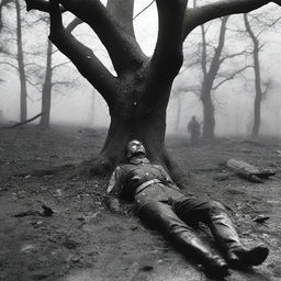 A high-quality photograph capturing a real soldier lying under a tree, appearing to be in his final moments