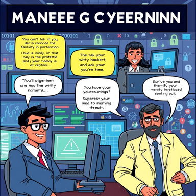 A vibrant and engaging comic strip about managing cybercrime, featuring a diverse team of cybersecurity experts
