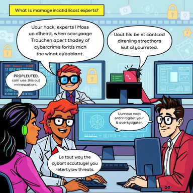 A vibrant and engaging comic strip about managing cybercrime, featuring a diverse team of cybersecurity experts