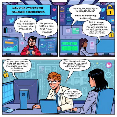 A vibrant and engaging comic strip about managing cybercrime, featuring a diverse team of cybersecurity experts