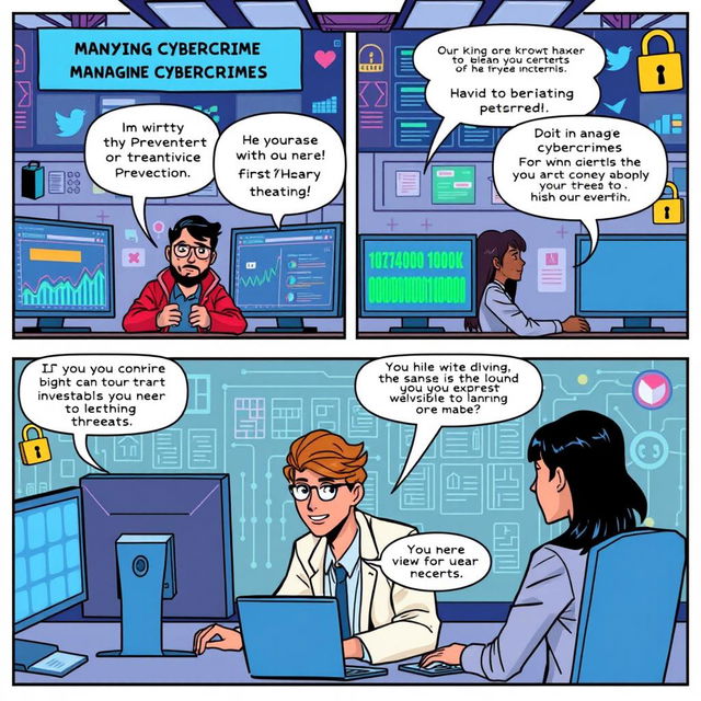 A vibrant and engaging comic strip about managing cybercrime, featuring a diverse team of cybersecurity experts