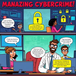 A vibrant and engaging comic strip about managing cybercrime, featuring a diverse team of cybersecurity experts