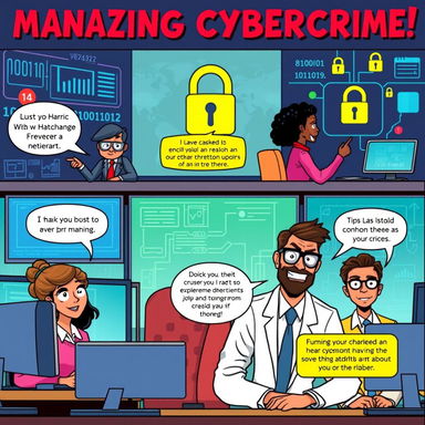 A vibrant and engaging comic strip about managing cybercrime, featuring a diverse team of cybersecurity experts