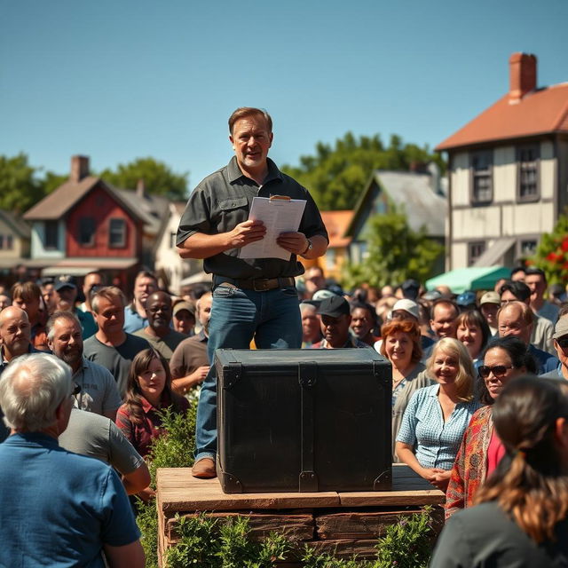 A scene depicting a man standing confidently in front of a gathered crowd, holding a clipboard