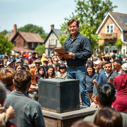 A scene depicting a man standing confidently in front of a gathered crowd, holding a clipboard