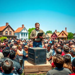 A scene depicting a man standing confidently in front of a gathered crowd, holding a clipboard