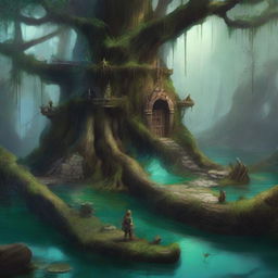 A high-quality digital art of a medium-sized dungeons & dragons battle map, showcasing a swamp-themed dungeon hidden within a large dead tree