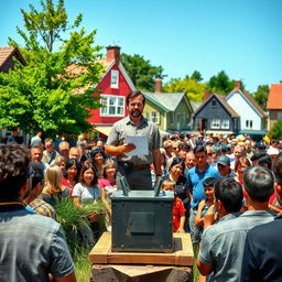 A scene depicting a man standing confidently in front of a gathered crowd, holding a clipboard