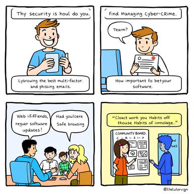 A series of four-panel comics illustrating effective strategies for managing cybercrime