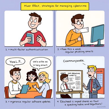 A series of four-panel comics illustrating effective strategies for managing cybercrime
