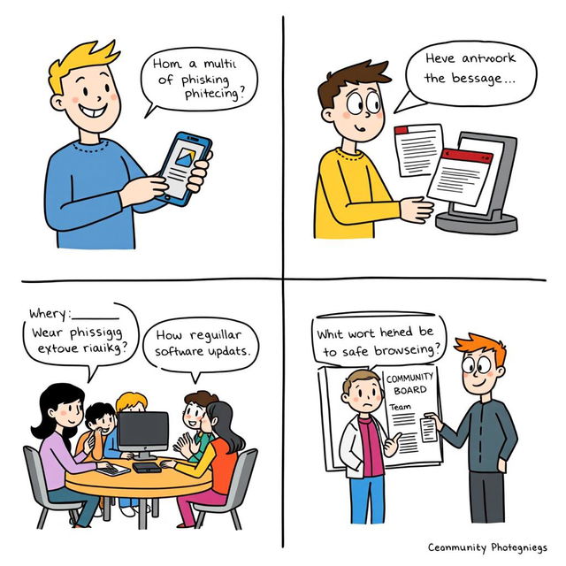 A series of four-panel comics illustrating effective strategies for managing cybercrime