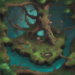 A high-quality digital art of a medium-sized dungeons & dragons battle map, showcasing a swamp-themed dungeon hidden within a large dead tree