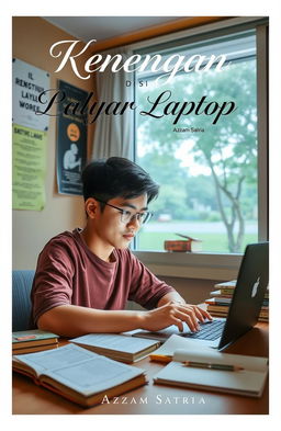 A focused student studying online at a desk, surrounded by books and a laptop, with a warm and cozy study environment