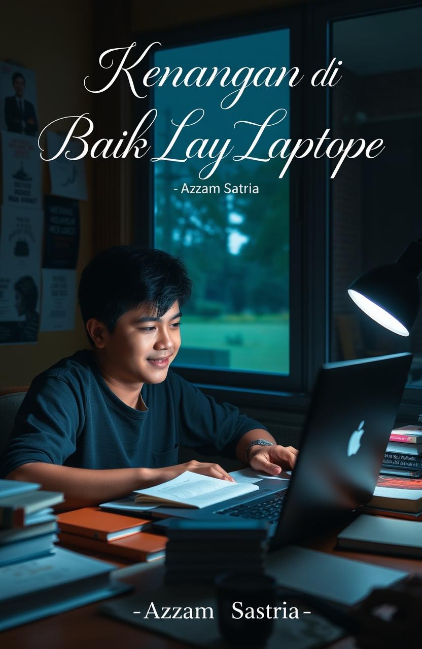 A focused student studying online at a desk, surrounded by books and a laptop, with a warm and cozy study environment