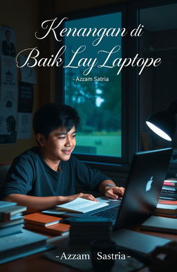 A focused student studying online at a desk, surrounded by books and a laptop, with a warm and cozy study environment