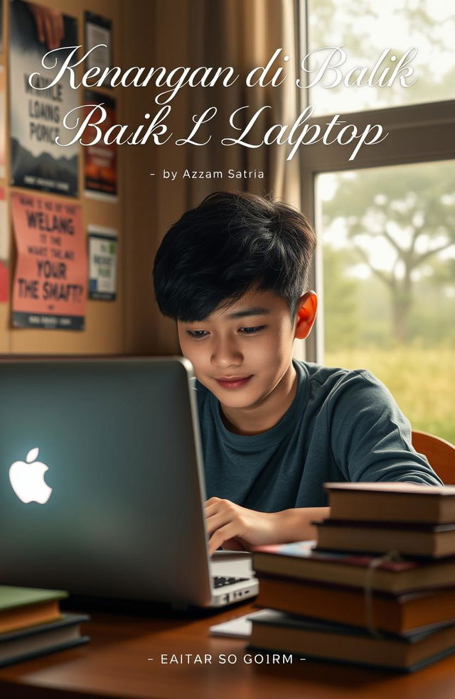 A focused student studying online at a desk, surrounded by books and a laptop, with a warm and cozy study environment