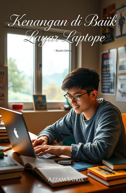 A focused student studying online at a desk, surrounded by books and a laptop, with a warm and cozy study environment