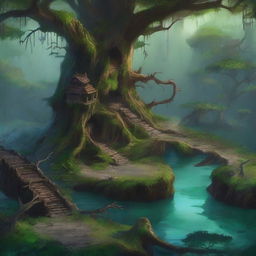 A high-quality digital art of a medium-sized dungeons & dragons battle map, showcasing a swamp-themed dungeon hidden within a large dead tree