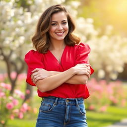 A confident woman in a stylish outfit, playfully posing with her arms crossed over her chest, smiling mischievously