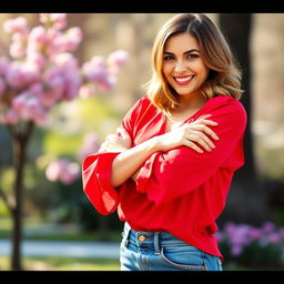 A confident woman in a stylish outfit, playfully posing with her arms crossed over her chest, smiling mischievously