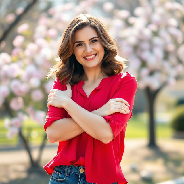 A confident woman in a stylish outfit, playfully posing with her arms crossed over her chest, smiling mischievously