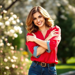 A confident woman in a stylish outfit, playfully posing with her arms crossed over her chest, smiling mischievously