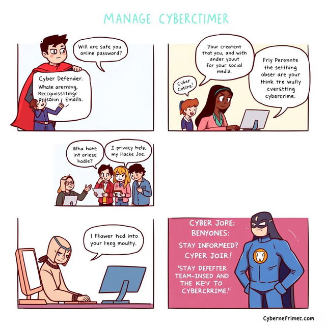 A short comic showcasing various scenarios on how to manage cybercrime effectively