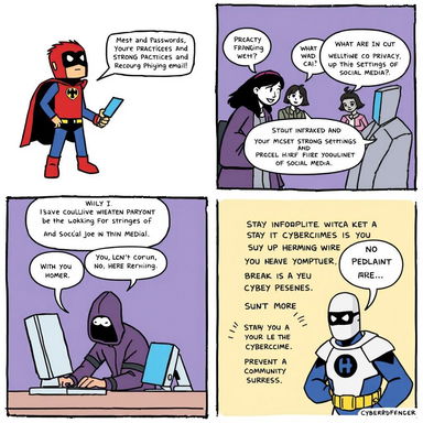 A short comic showcasing various scenarios on how to manage cybercrime effectively