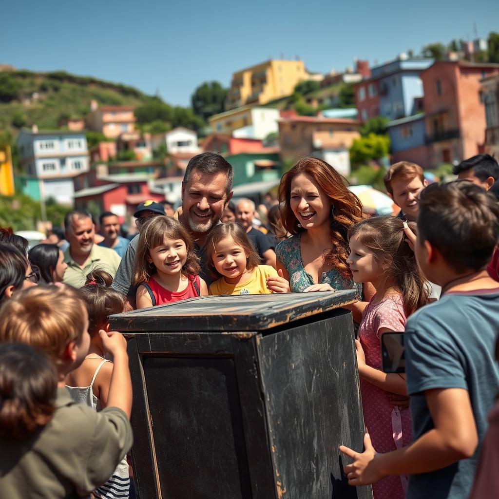 A heartwarming scene focused on a family of four joining a lively crowd gathered around a worn-down black box