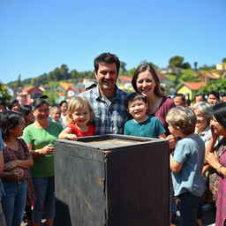 A heartwarming scene focused on a family of four joining a lively crowd gathered around a worn-down black box