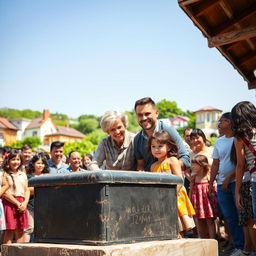 A heartwarming scene focused on a family of four joining a lively crowd gathered around a worn-down black box