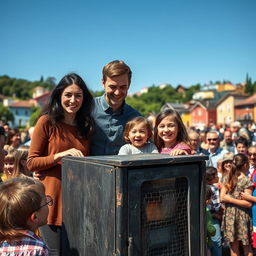 A heartwarming scene focused on a family of four joining a lively crowd gathered around a worn-down black box