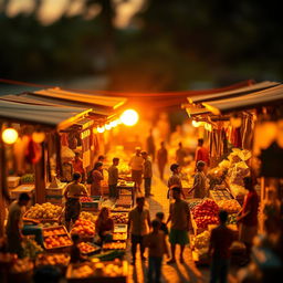 A diorama depicting a bustling marketplace at sunset, with warm golden and orange hues reflecting off the stalls and people