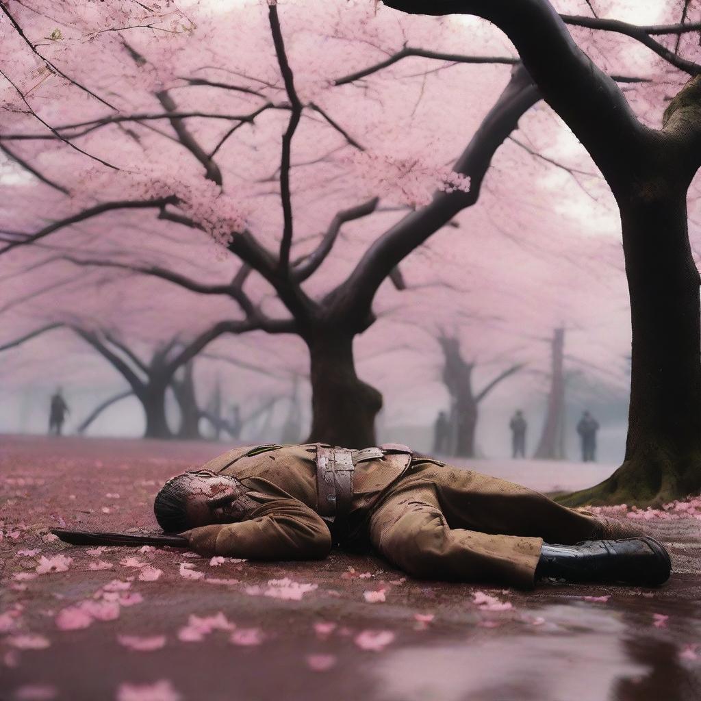 A high-quality photograph capturing a real soldier lying under a blooming Sakura tree, appearing to be in his final moments